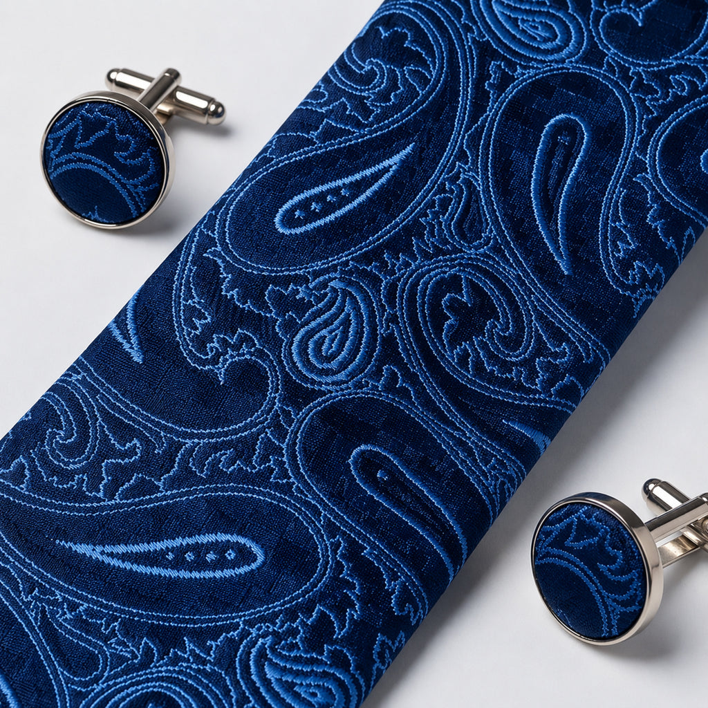Men's Luxury Paisley-Patterned Navy Blue Silk Formal Necktie-3