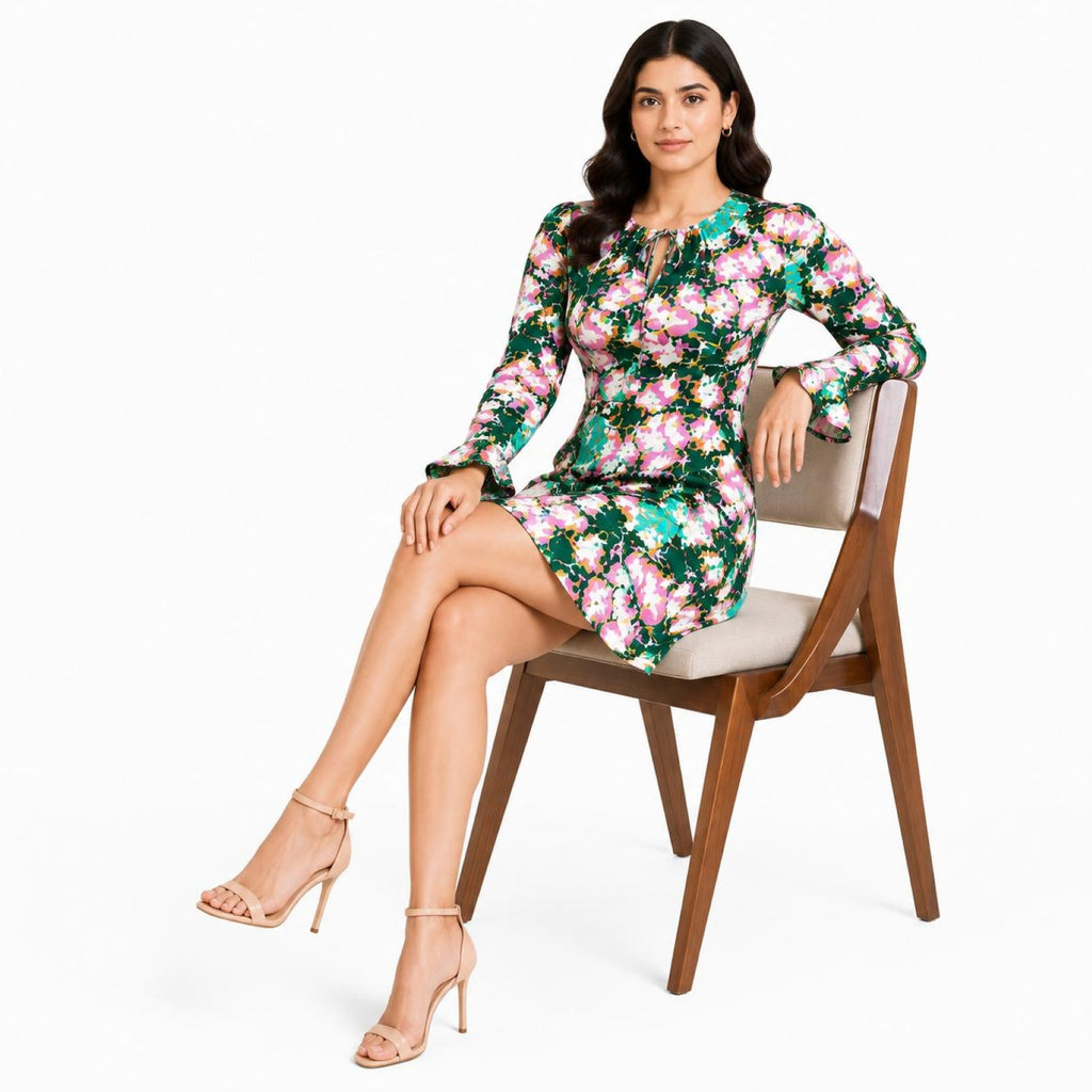Women's Floral Print Keyhole Neck Bell Sleeve Mini Dress-2