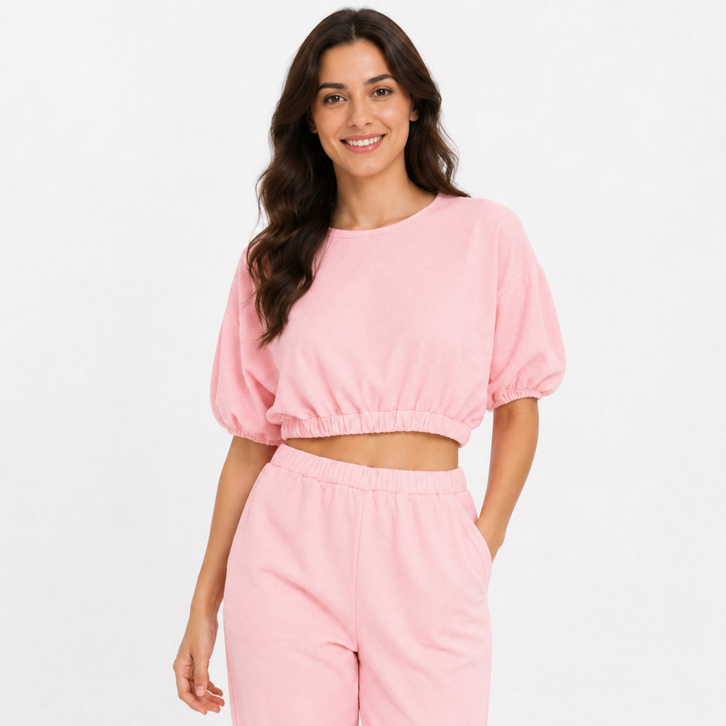 Women's Baby Pink Co-Ord Set | Casual Crop Top & Jogger Lounge Wear Set-3