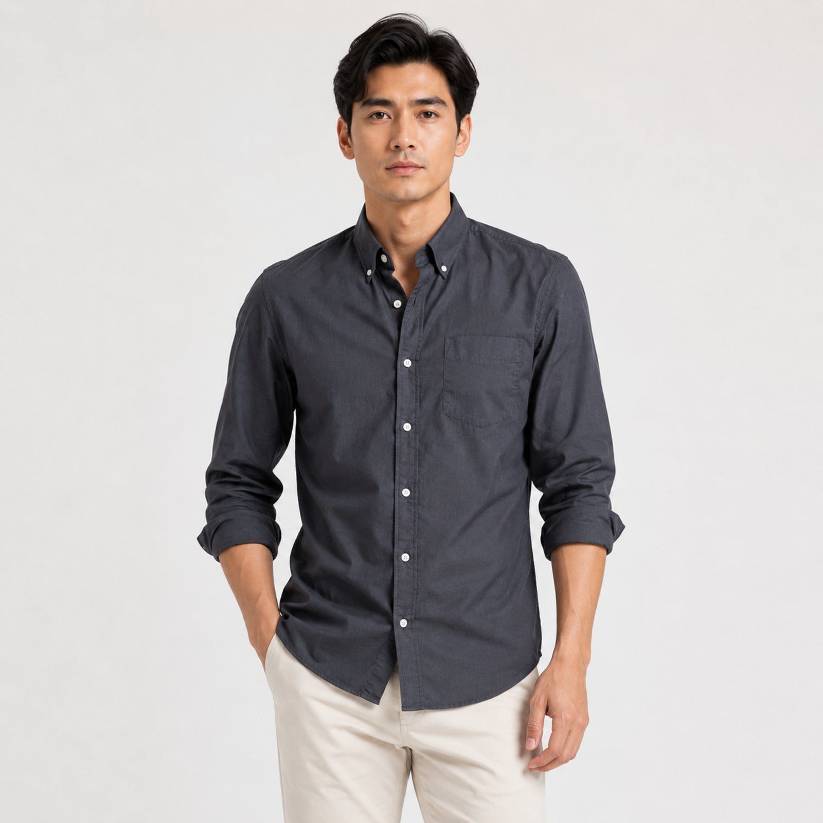 Men's Grey Solid Full Sleeve Casual Shirt-4