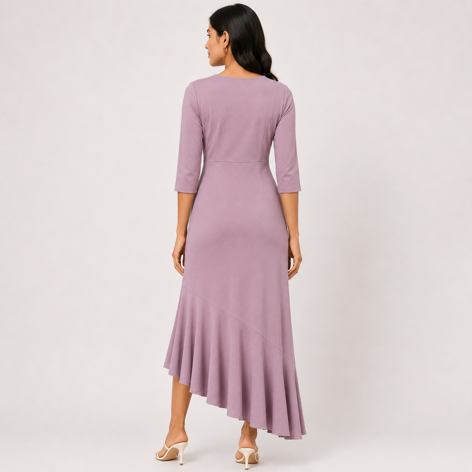 Women's Light Pink Solid Round Neck High-Low Ruffle Hem Midi Dress-1