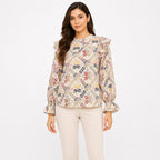 Women's Beige Geometric Print Ruffle Sleeve Top-1