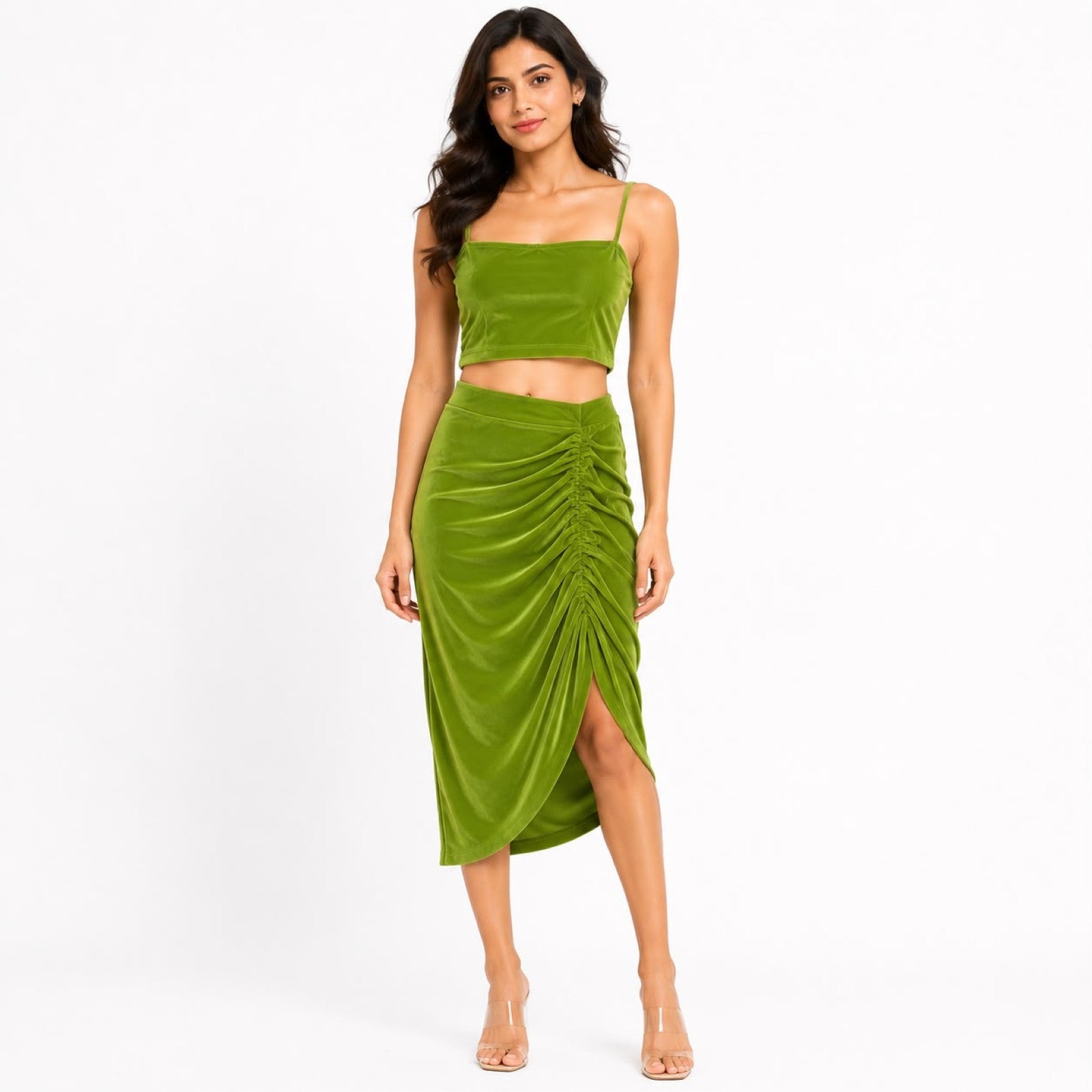 Women's Green Velvet Crop Top & Ruched Midi Skirt Co-Ord Set-1