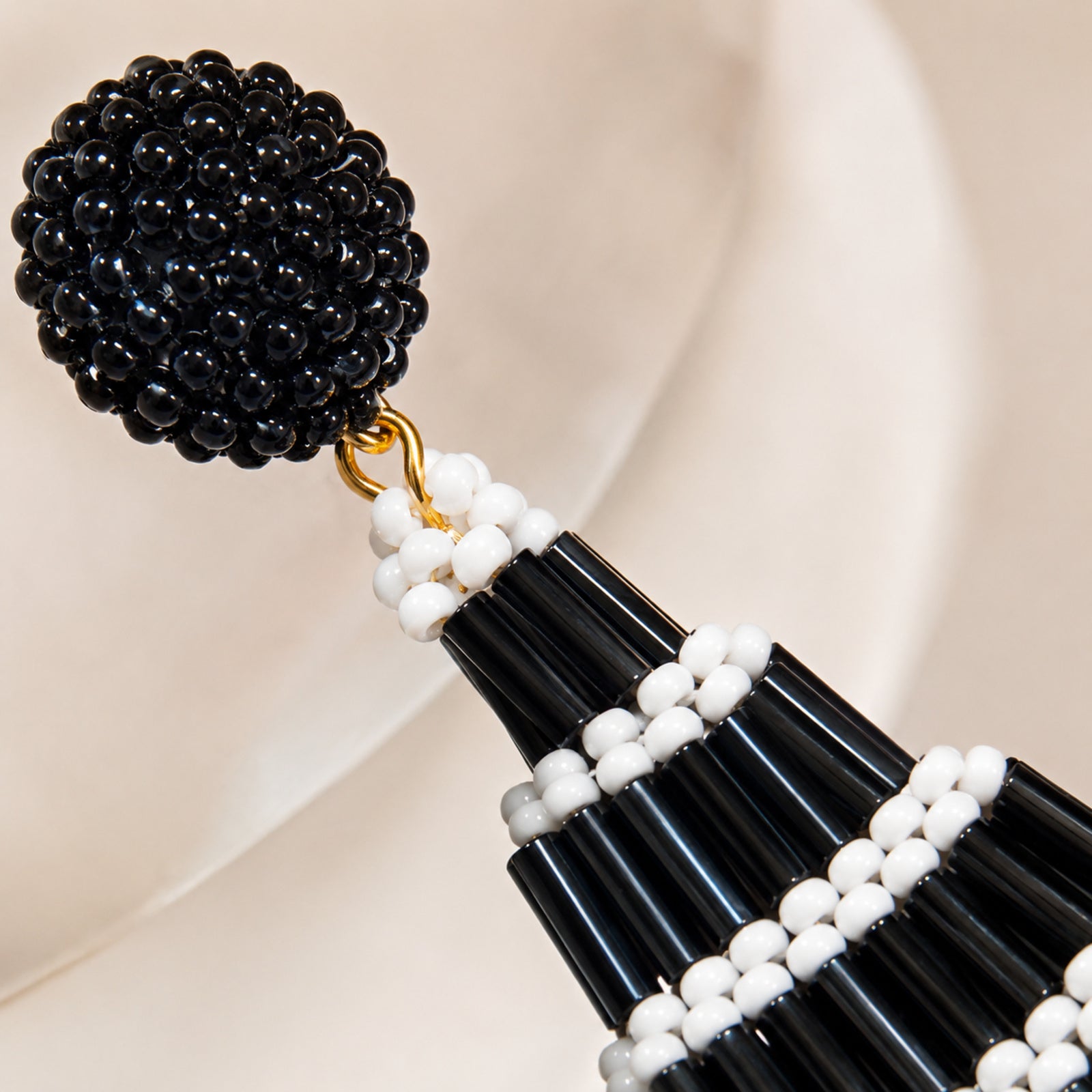 Women's Black Beaded Tassel Drop Earrings-3