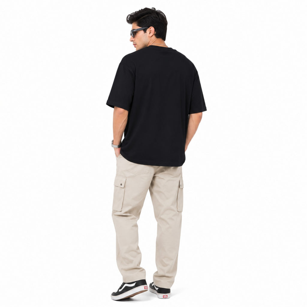 Men's Black Loose Fit Black Graphic Printed Casual T-Shirt-4
