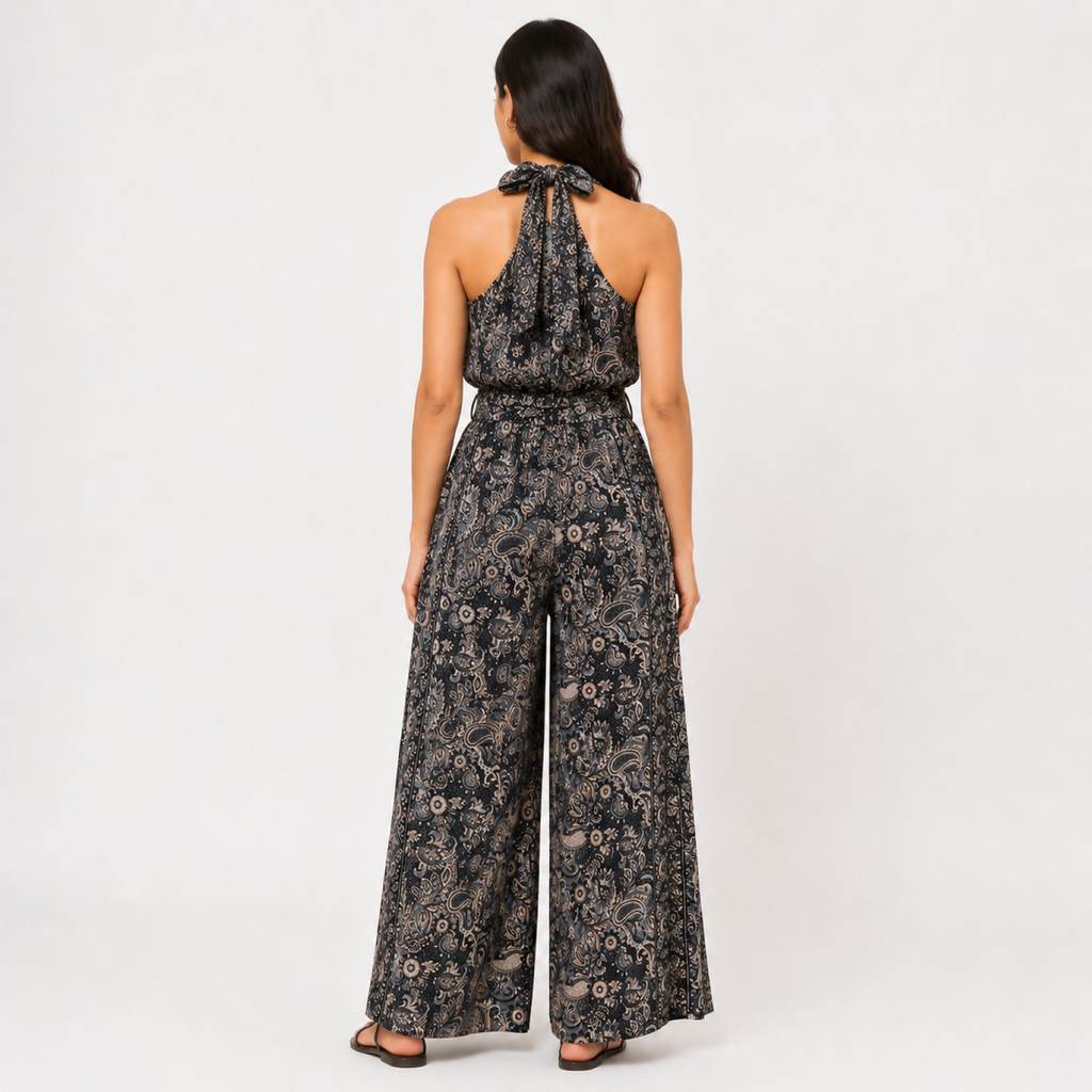 Women's Black & White Paisley Print Halter Neck Wide Leg Jumpsuit with Waist Tie-1