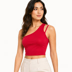 Women's Red Asymmetric One-Shoulder Double Strap Fitted Crop Top | Solid Statement Casual Top-2