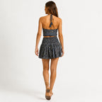Women's Grey Paisley Print Co-Ord Set | Ruched Tie-Up Crop Top with Flared Mini Skirt-4