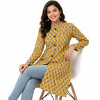 Women’s Mustard Yellow Floral Printed Jacket – Full Sleeve Flared Jacket with Mandarin Collar-3