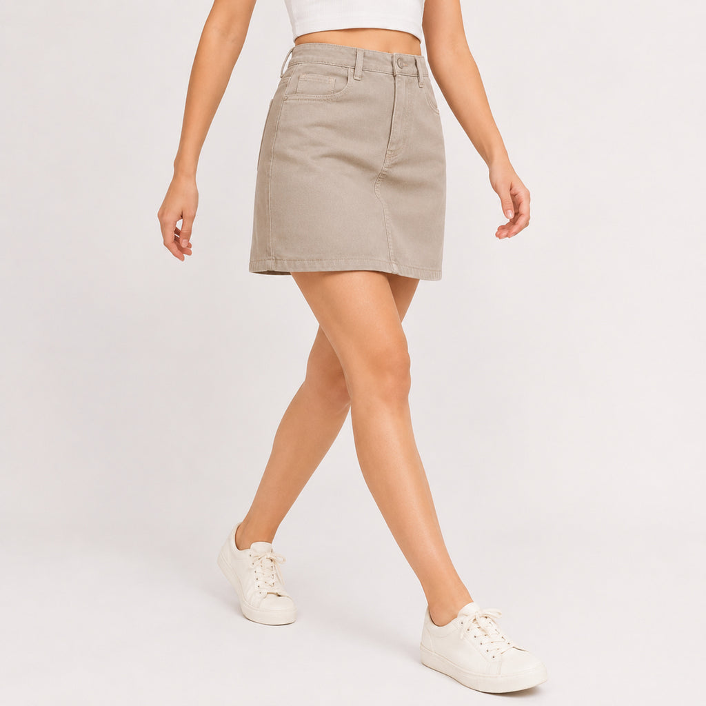Women's Beige Solid Mini Skirt-1