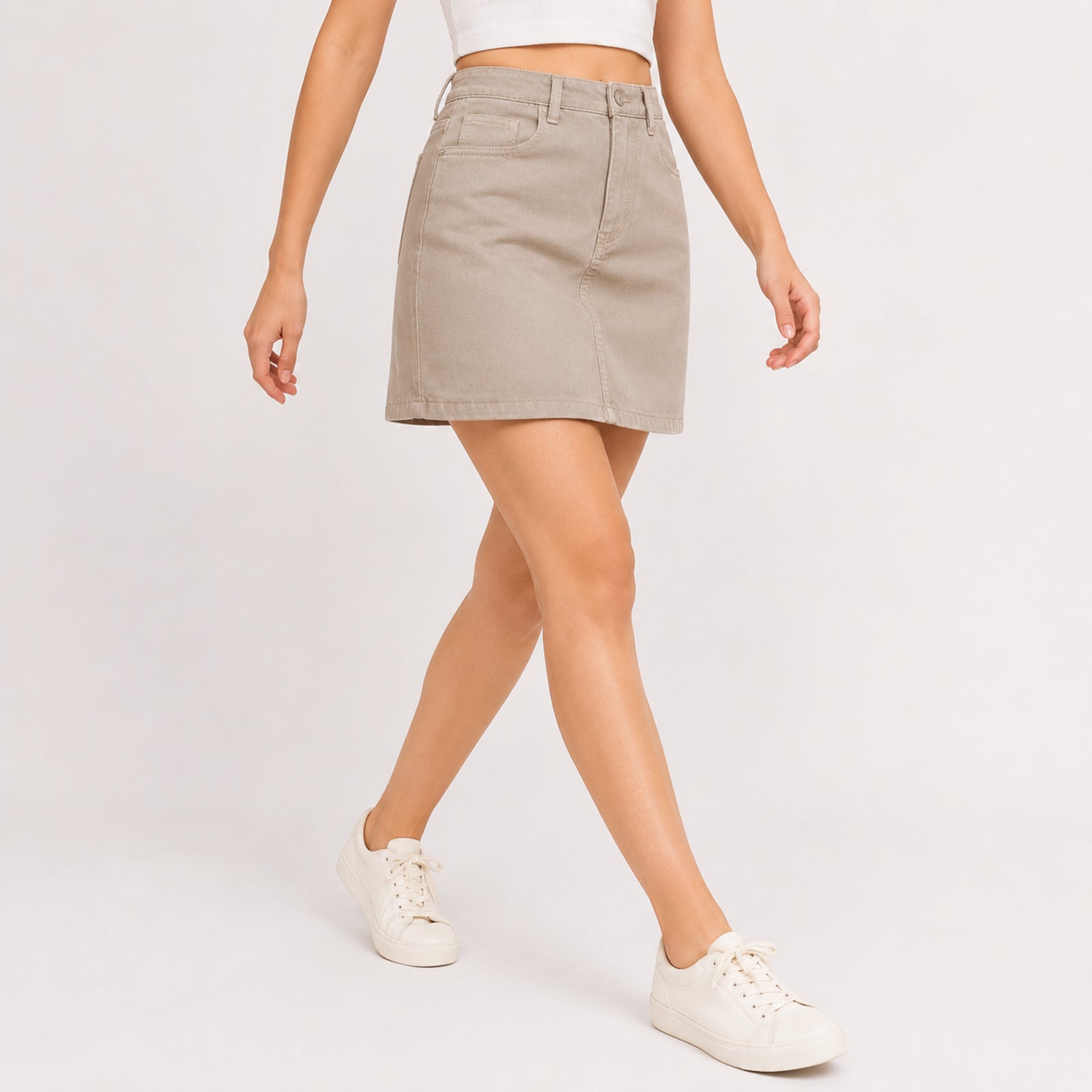 Women's Beige Solid Mini Skirt-1
