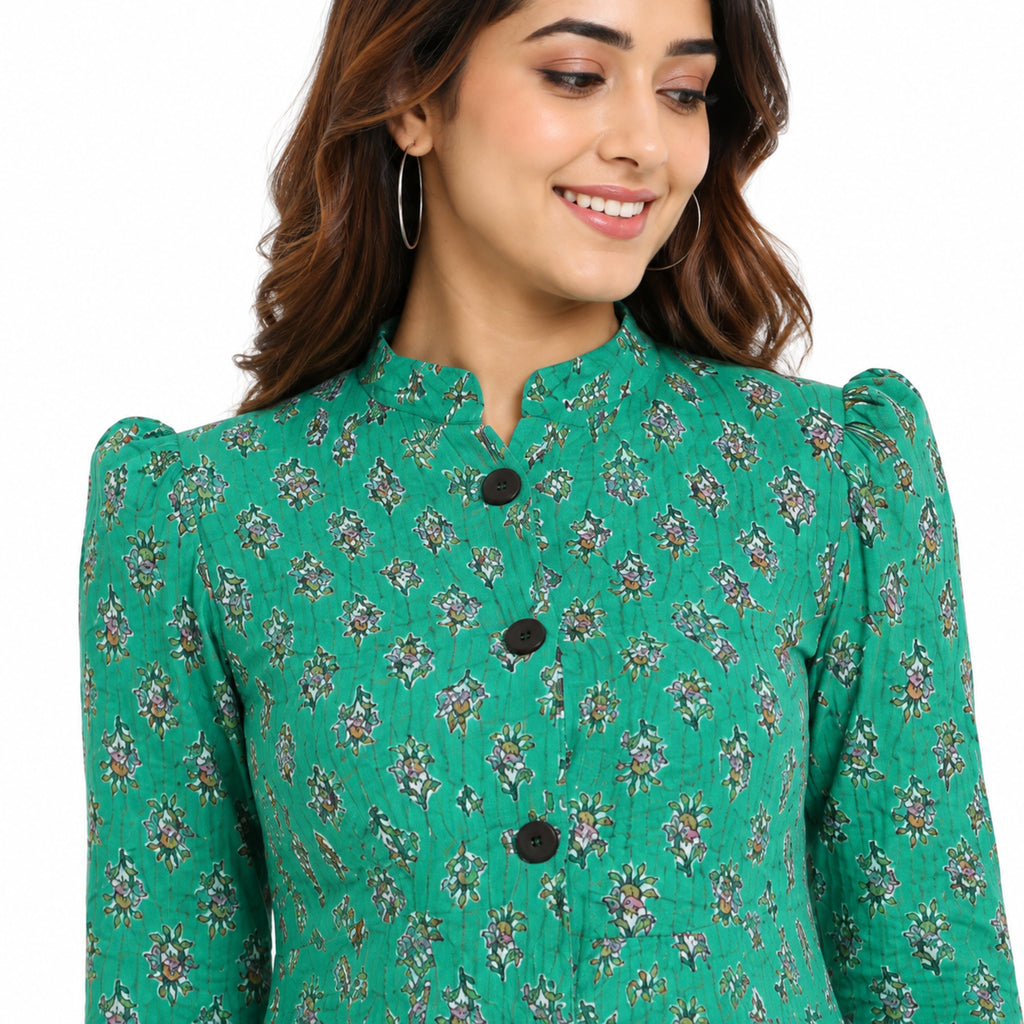 Women’s Turquoise Floral Printed Jacket – Full Sleeve Longline Ethnic Jacket with Button-Front Design-2
