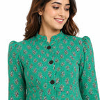 Women’s Turquoise Floral Printed Jacket – Full Sleeve Longline Ethnic Jacket with Button-Front Design-2