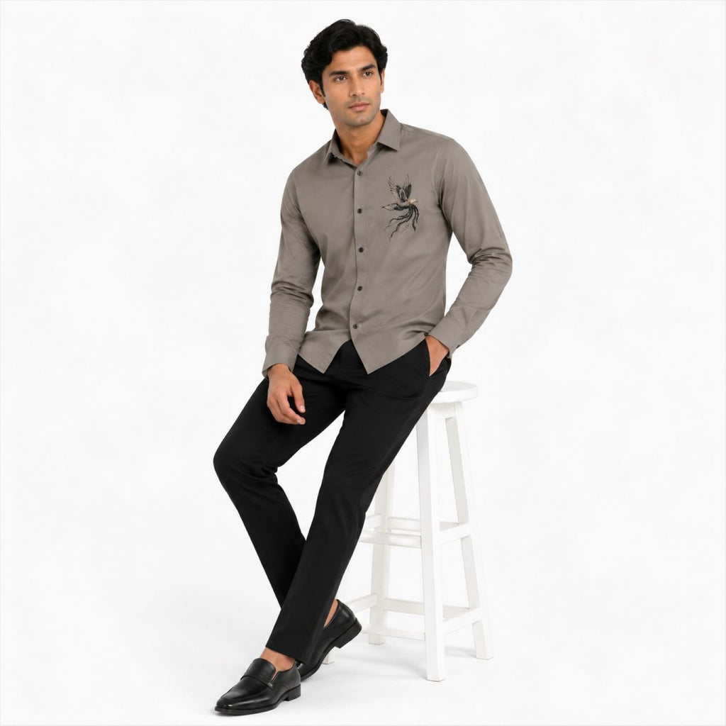 Men's Blue Minimal Embroidered Full Sleeve Shirt with Curved Hem-3