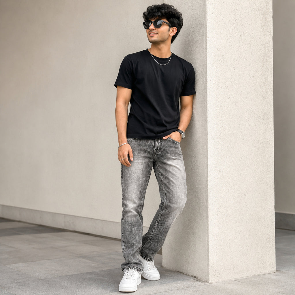 Men's Light Grey Washed Straight Fit Denim Jeans-1