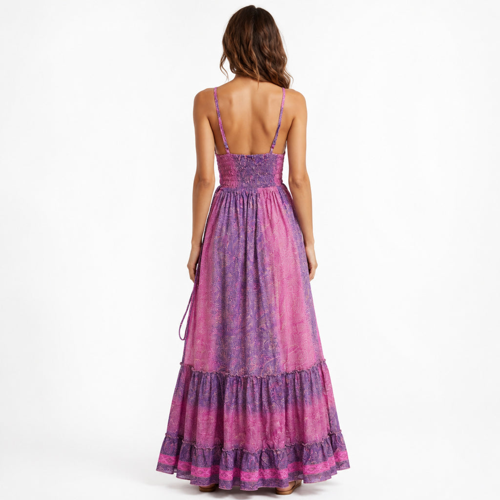 Women's Pink Paisley Printed Deep V-Neck Maxi Dress-4