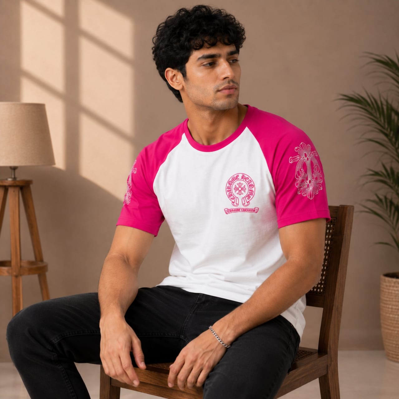 Men's Neon Pink Raglan Graphic Casual T-Shirt-3