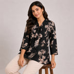 Women's Elegant Floral Sketch Tie-Neck Tunic Top-2