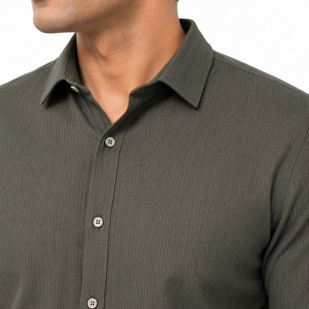 Men's Olive Green Rib-Textured Smart Fit Shirt | Modern Full Sleeve Everyday Shirt-2