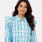Women's Blue Tie-Dye Ruffle Shoulder Top with Tie Neck Detail-3