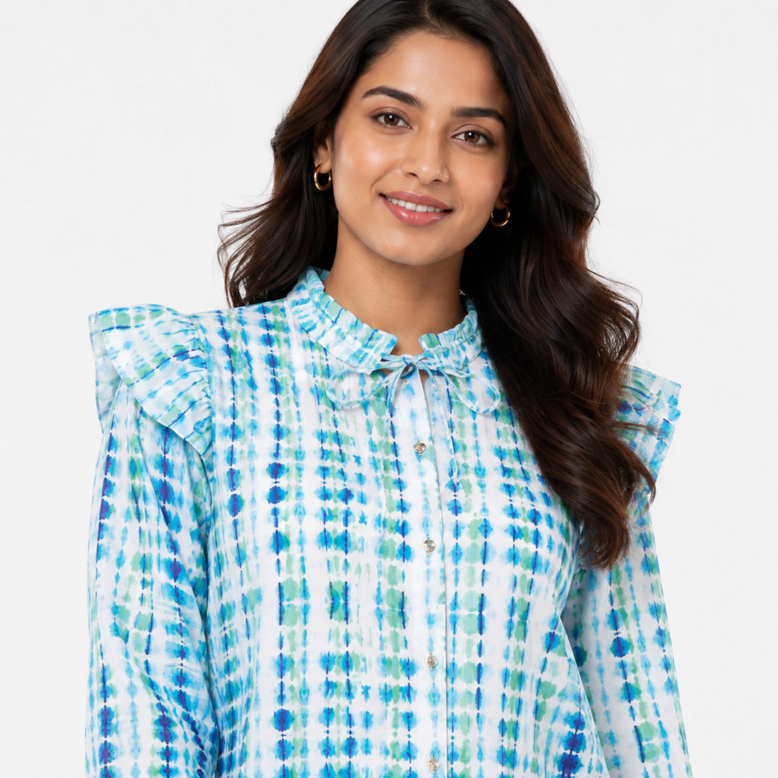 Women's Blue Tie-Dye Ruffle Shoulder Top with Tie Neck Detail-3