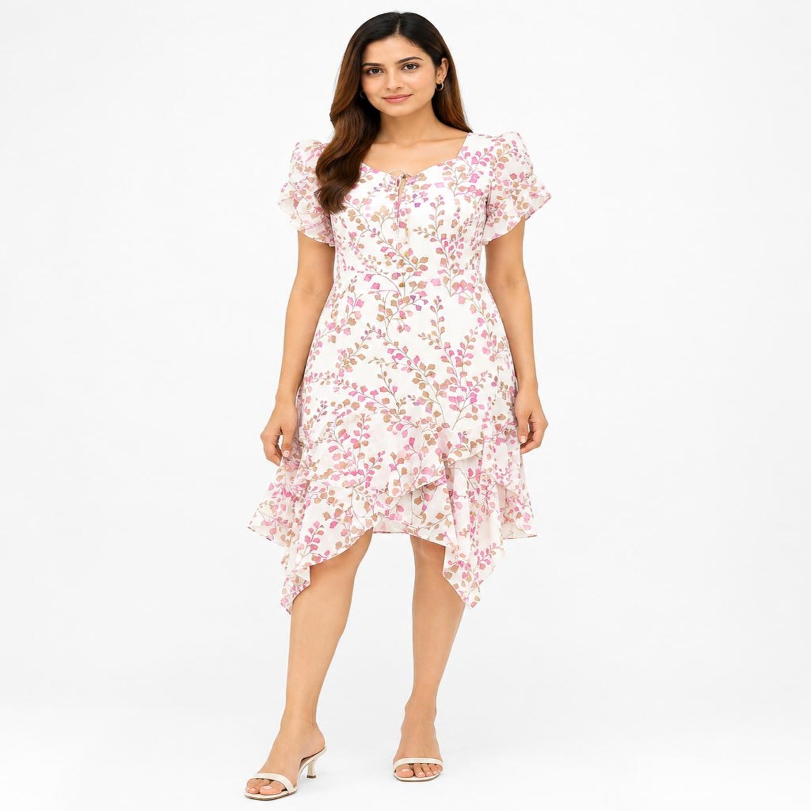 Women's Purple Floral Print High Low Midi Dress-1