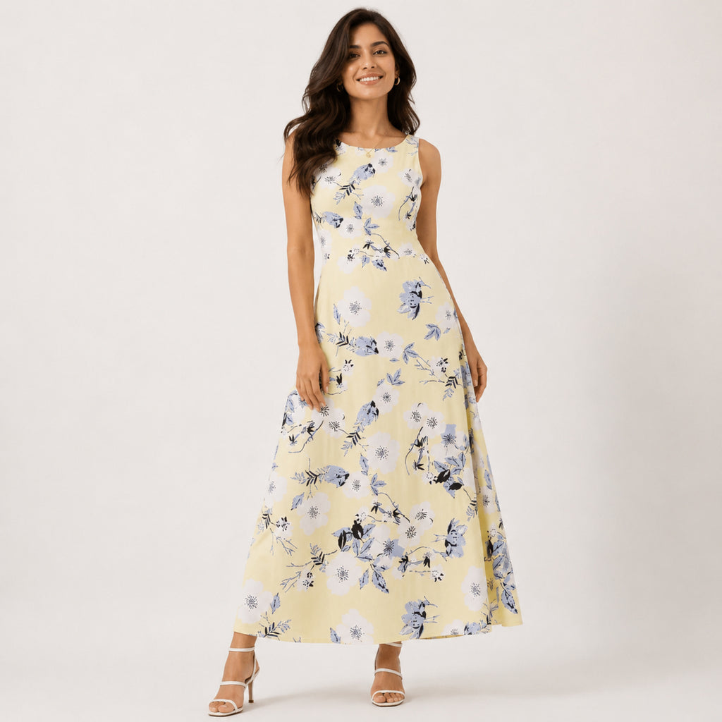 Women's Yellow Floral Printed Sleeveless Maxi Dress-1