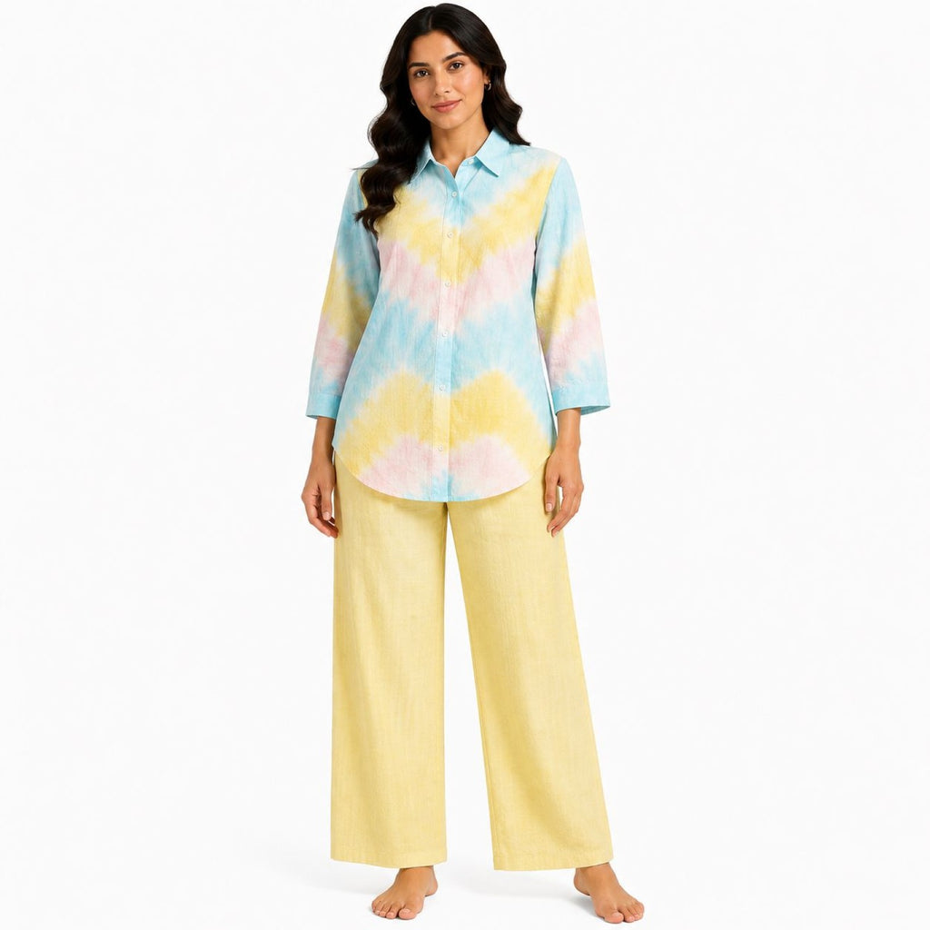 Women's Yellow Tie-Dye Collared Shirt and Wide-Leg Pyjama Co-Ord Set | Relaxed Lounge Set-1