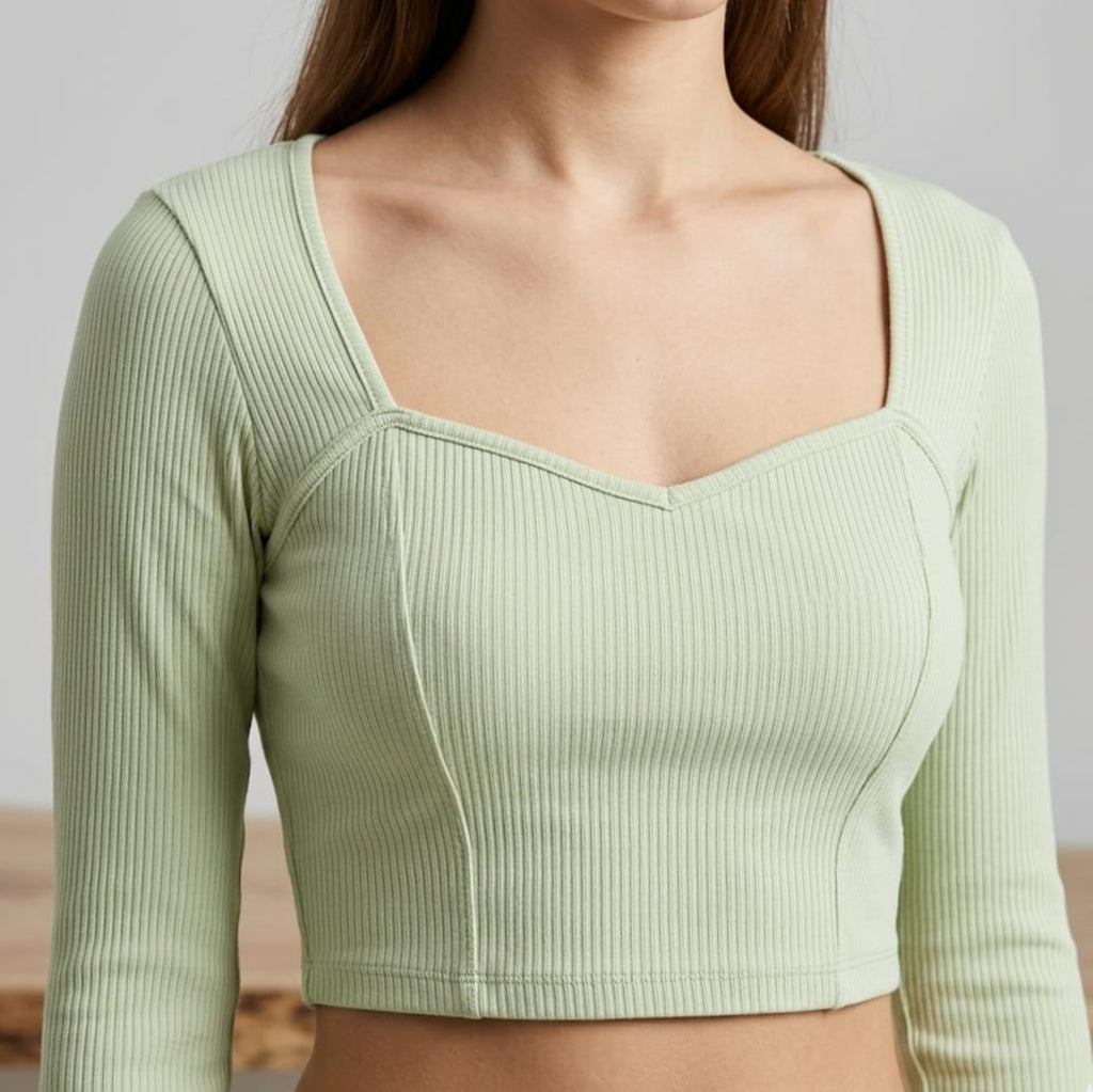 Women's Pista Green Ribbed Full Sleeve Crop Top-4