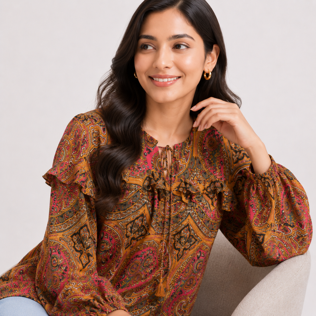 Women's Yellow Paisley Printed Ruffle Neck Tie-Up Top with Full Puff Sleeves-2