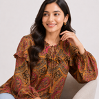 Women's Yellow Paisley Printed Ruffle Neck Tie-Up Top with Full Puff Sleeves-2