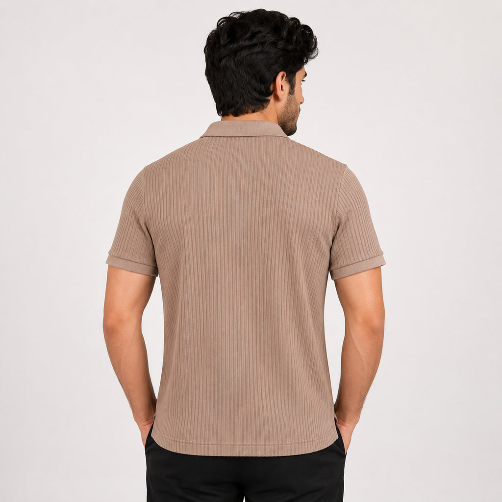 Men's Sandstone Ribbed Knit Polo T-Shirt-4