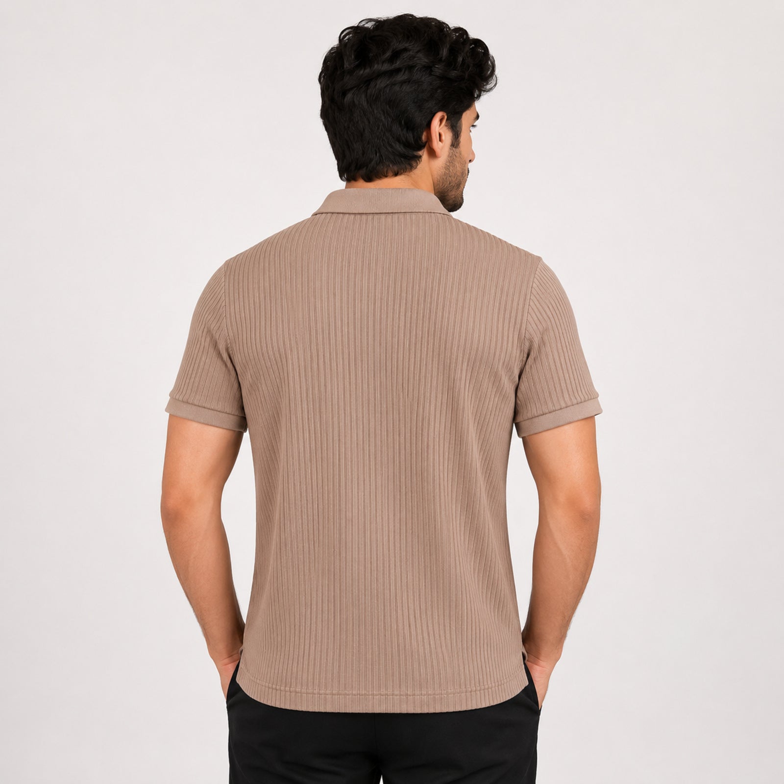 Men's Sandstone Ribbed Knit Polo T-Shirt-4