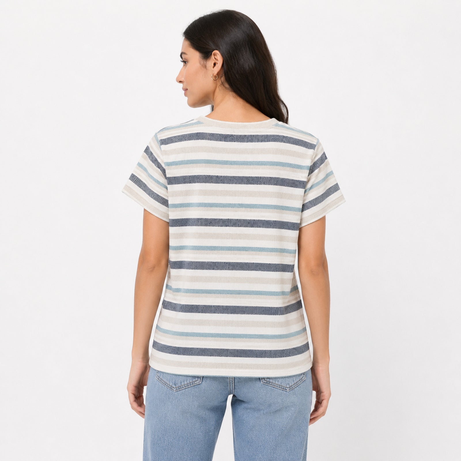 Women's Beige Striped Graphic Print Crew Neck T-Shirt-4