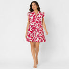 Women's Pink Floral Ruffle Sleeve A-Line Mini Dress | Breezy Casual Day Dress-1