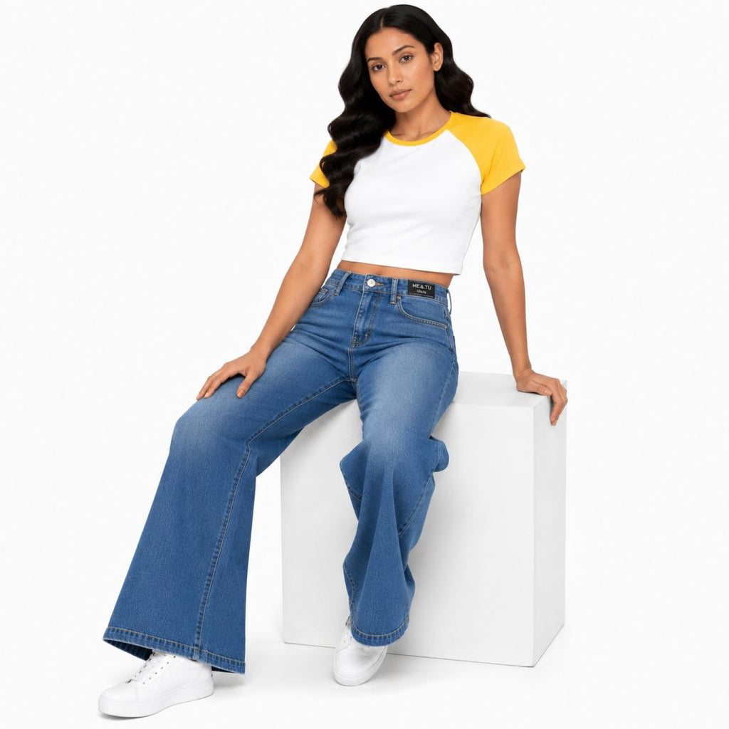 Women's Faded Blue Ultra Wide Leg Jeans | High-Rise Flared Premium Denim-2