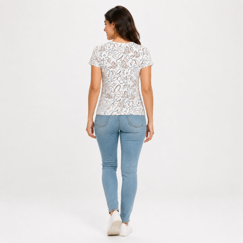 Women's White Floral Graphic Print Round Neck T-Shirt | Casual Everyday Cotton Tee-4