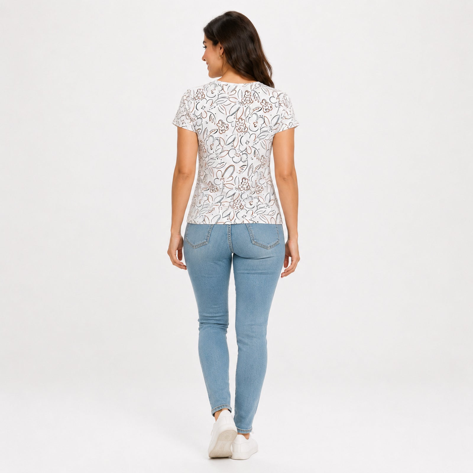Women's White Floral Graphic Print Round Neck T-Shirt | Casual Everyday Cotton Tee-4