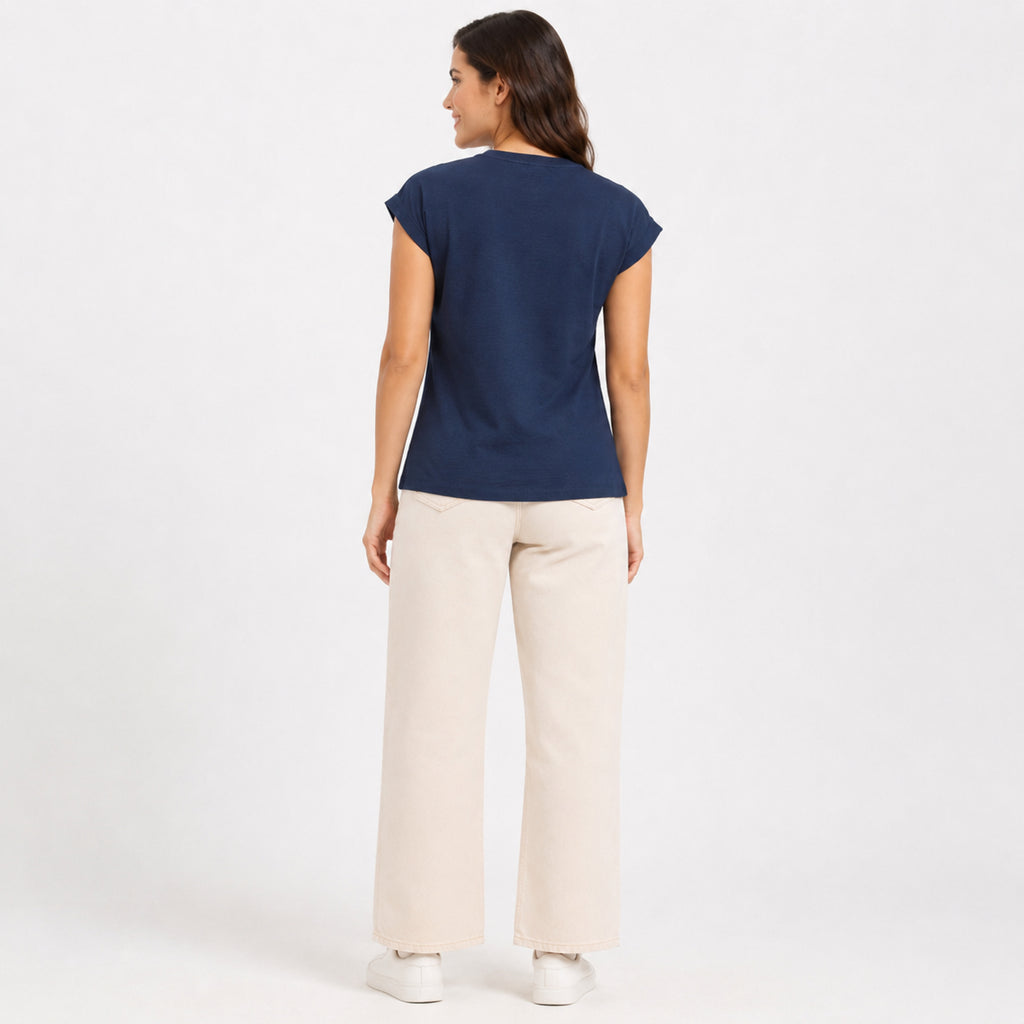Women's Peacock Blue Graphic Print Cap Sleeve T-Shirt | Casual Cotton Everyday Top-4