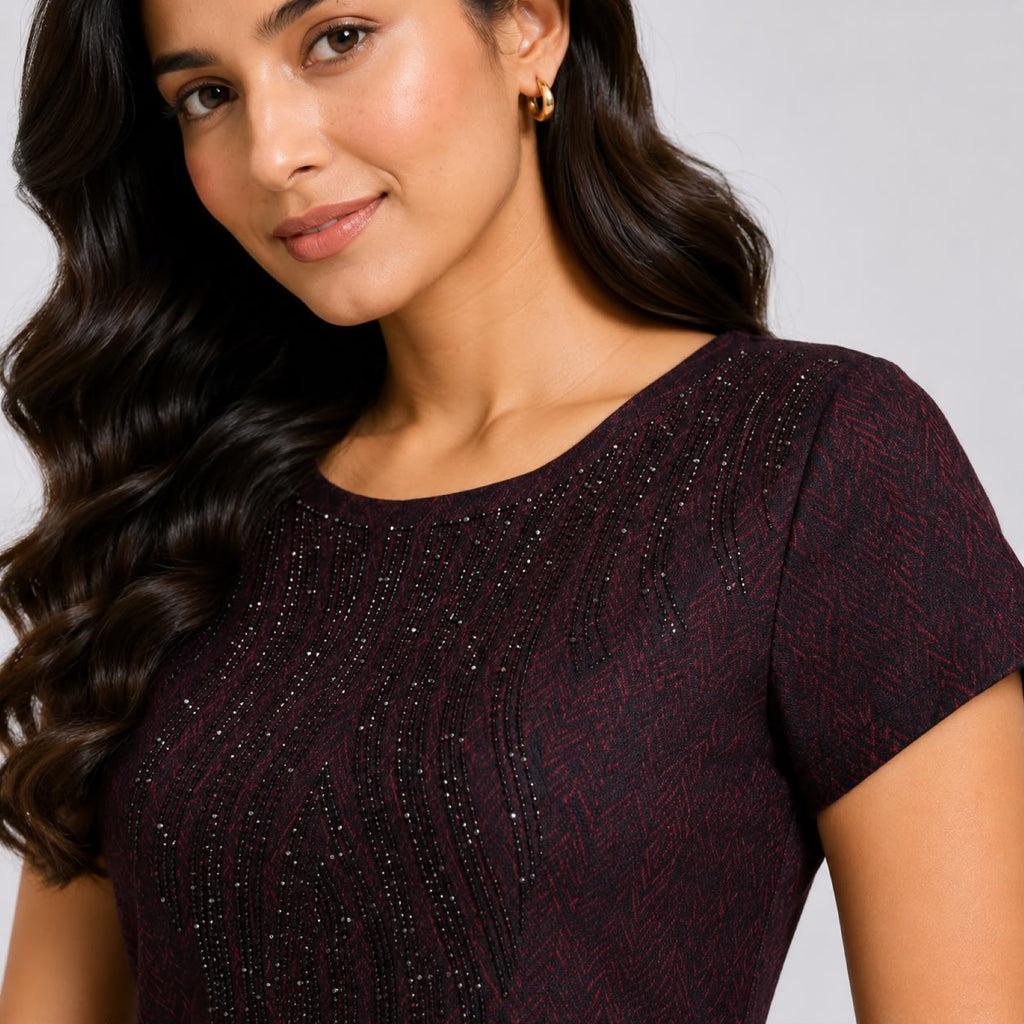 Women's Sophisticated Wine Textured Sheath Dress with Embellished Bodice-3