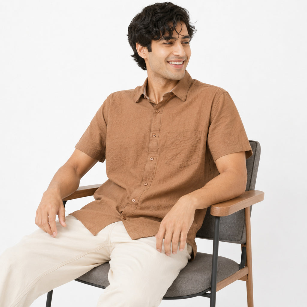 Men's Rustic Brown Textured Half Sleeve Casual Shirt-3