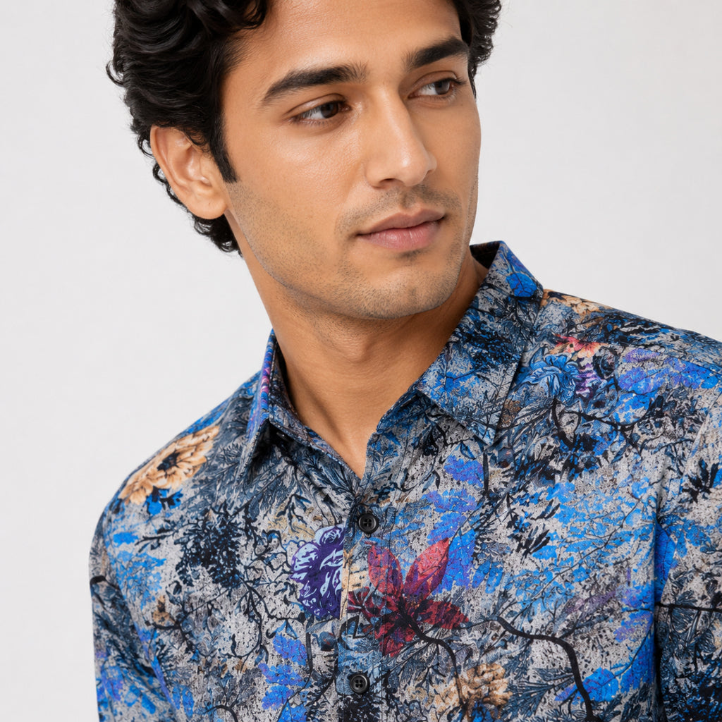 Men's Navy Blue Floral Print Half Sleeve Casual Shirt-2