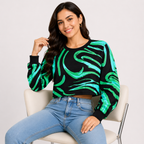 Women's Green Abstract Print Long Sleeve Crop Sweatshirt-4