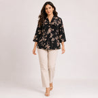 Women's Elegant Floral Sketch Tie-Neck Tunic Top-1