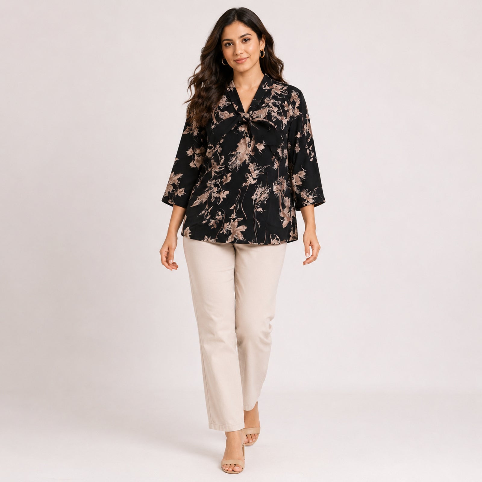 Women's Elegant Floral Sketch Tie-Neck Tunic Top-1