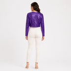 Women's Purple Sequin Mesh Panel Cropped Top | Full Sleeve Party Wear Blouse-4