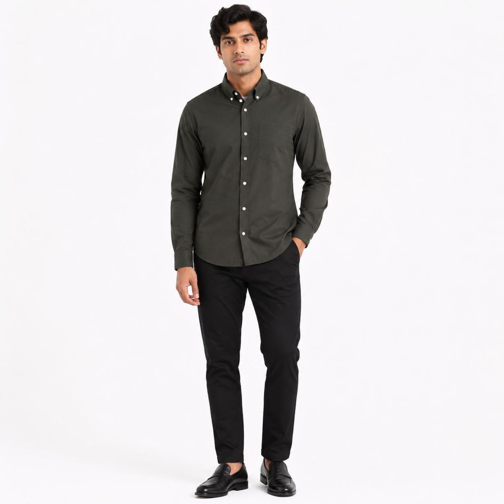 Men's Olive Green Button-Down Collar Full Sleeve Shirt with Chest Pocket-2