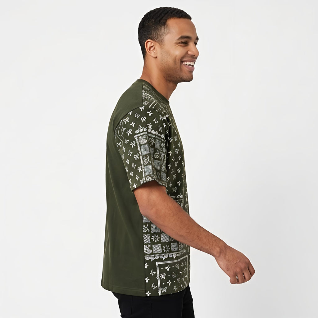 Men's Monochrome Bandana Print Oversized T-Shirt-3