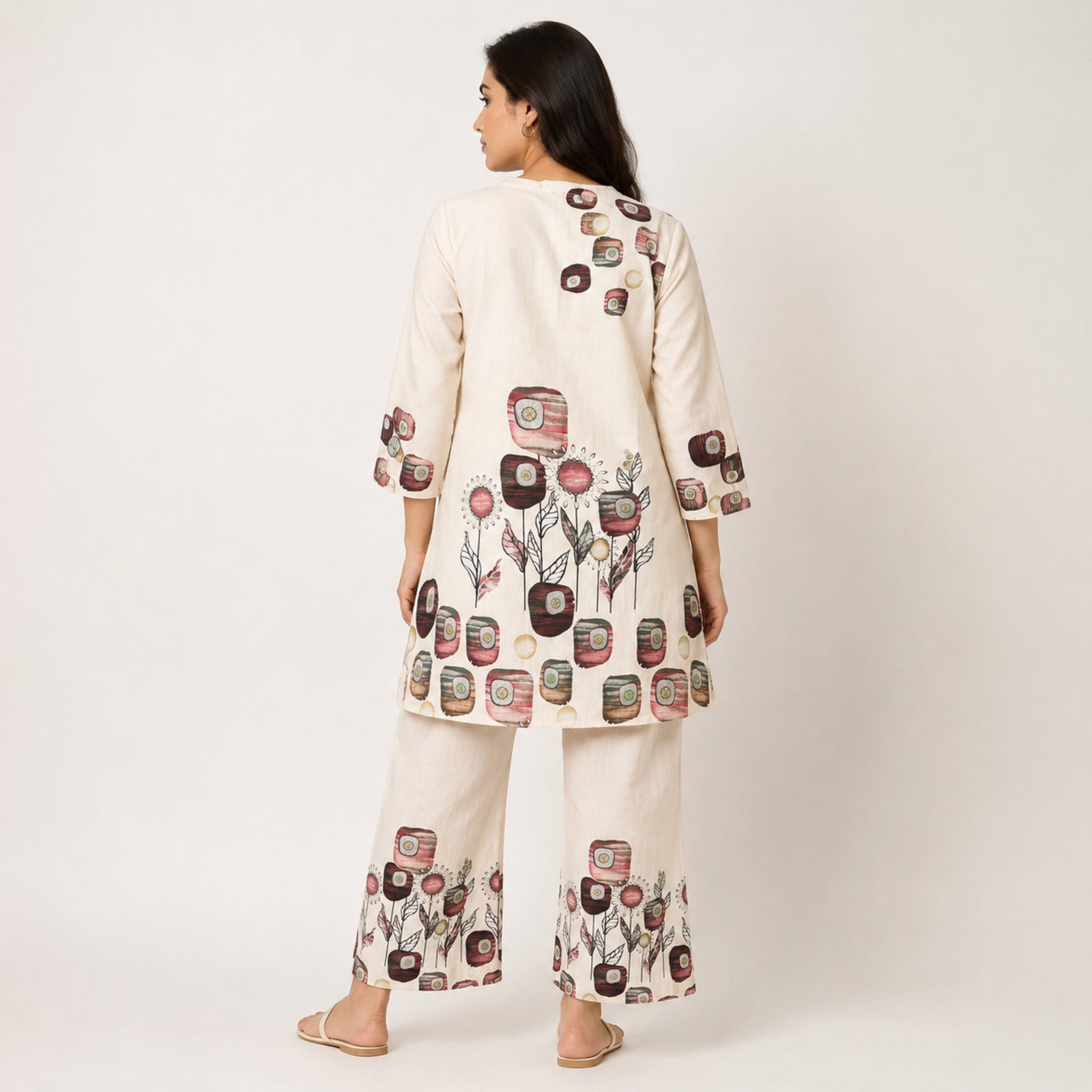 Women's Elegant Abstract Floral Printed Beige Kurta and Palazzo Set-3