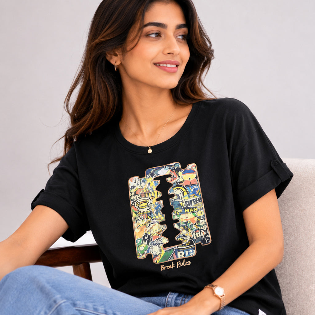 Women's Break Rules Graphic Printed Black T-Shirt-2